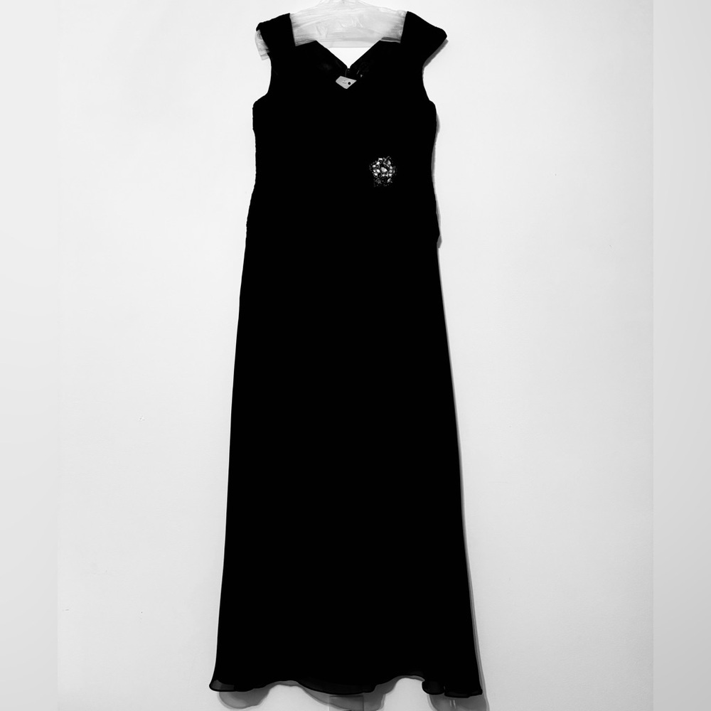 Merrily Long Sheath Gown Neckline, Cascade Detail Skirt and Beaded Detail at Hip